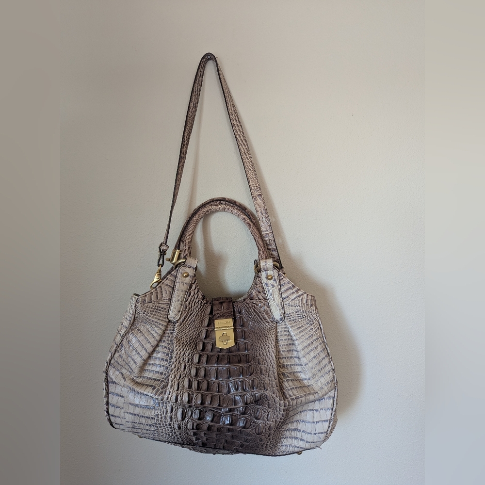 Brahmin Crocodile-Embossed Shoulder Bag in Taupe